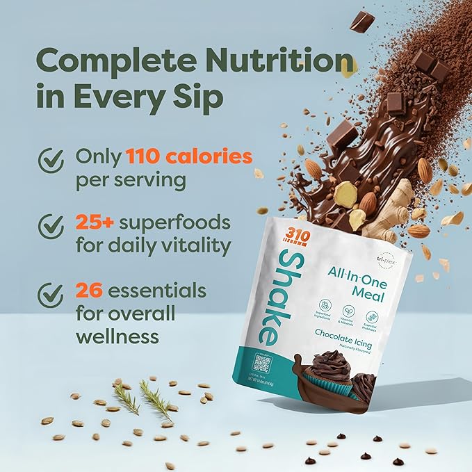 310 Nutrition All-In-One Meal Replacement Shake Powder - Plant-Based Protein Smoothie Blend w/High Fiber, Probiotics & Adaptogens - Low Carb, Vegan, Keto & Paleo Friendly - Chocolate Icing - 28 Srv