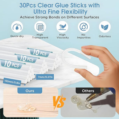 20W Cordless Hot Glue Gun,Glue Gun with 30 Glue Sticks (7×150mm),90s Fast Heating,2600mAh Type-C Rechargeable Mini Glue Gun for DIY Crafts,Home Repairs,Kids' School Projects & Gift Making-Blue