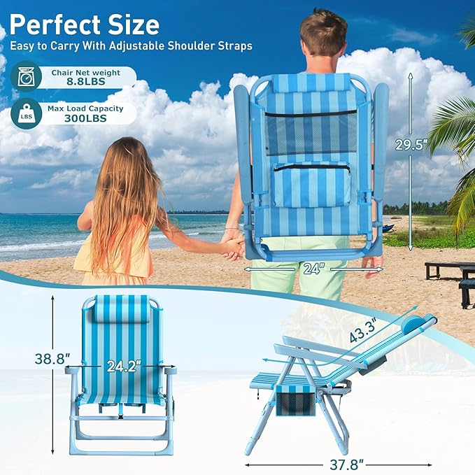Suteck Backpack Beach Chairs for Adults 2 Pack, 6-Position Folding Reclining Chair with Cooler Bag & Cup Holder, Lightweight Portable Beach Chair for Camping, Outdoor, Sand, Travel Use