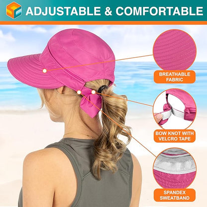 SUN CUBE Women Sun Hat for Outdoor UV Protection, Wide Brim Sun Hat Ponytail, Convertible Zip-Off Beach Hat Visor