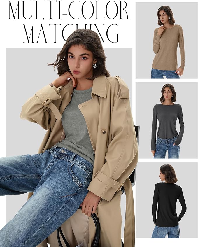 Huukeay 5 Pack Women's Crew Neck Long Sleeve Shirts, Cotton Blend Casual Clothes Workout Basic Layering Tee Tops Multipack