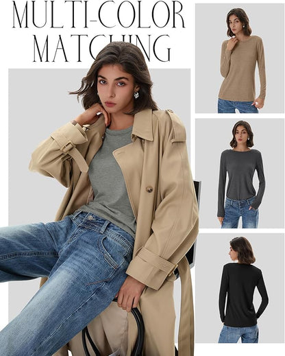 Huukeay 5 Pack Women's Crew Neck Long Sleeve Shirts, Cotton Blend Casual Clothes Workout Basic Layering Tee Tops Multipack