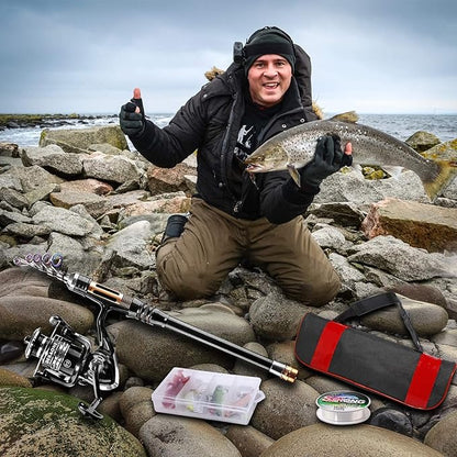 ShinePick Fishing Rod Kit, Telescopic Fishing Pole and Reel Combo Full Kit with Line Lures Hooks Carrier Bag for Travel Saltwater Freshwater Boat Fishing Beginners