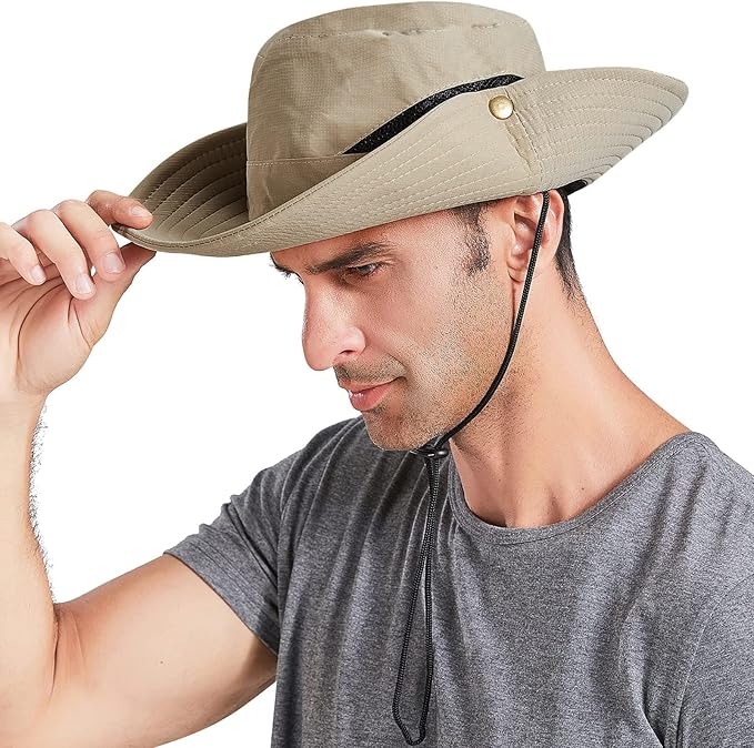 Men's Sun Hat Outdoor UPF50+ Mesh Wide Brim Bucket Safari Cap Foldable Waterproof Boonie Fishing Hats