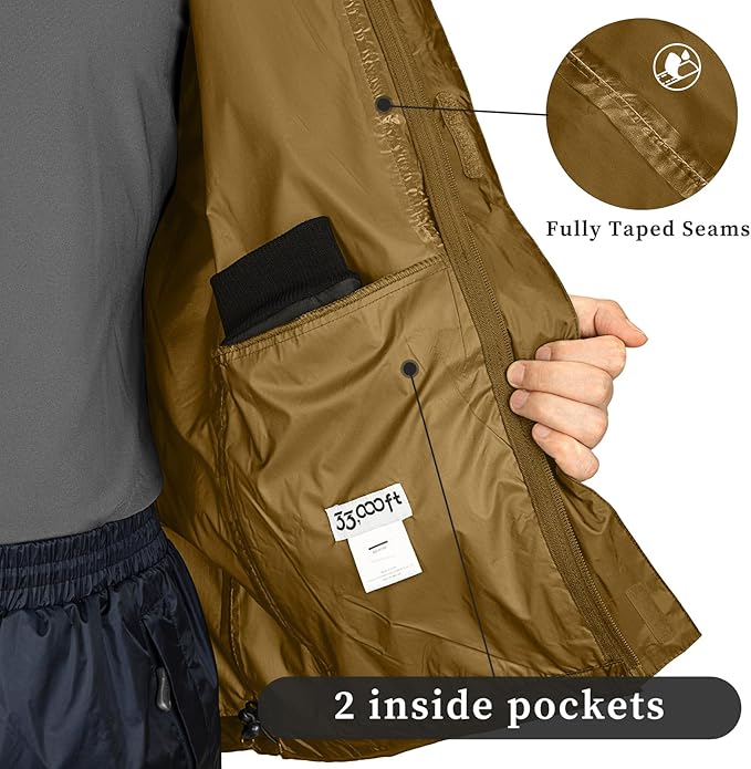 33,000ft Packable Rain Jacket Men's Lightweight Waterproof Rain Shell Jacket Raincoat with Hood for Golf Cycling Windbreaker