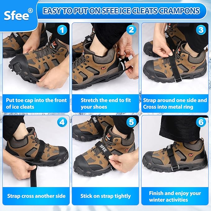 Sfee Crampons Ice Cleats for Shoes and Boots, 28 Steel Shoe Spikes Ultra-Grip Ice Cleats for Men Women Non-Slip Snow Traction Ice Grippers for Shoes and Boots for Walking, Hiking, Climbing, Fishing