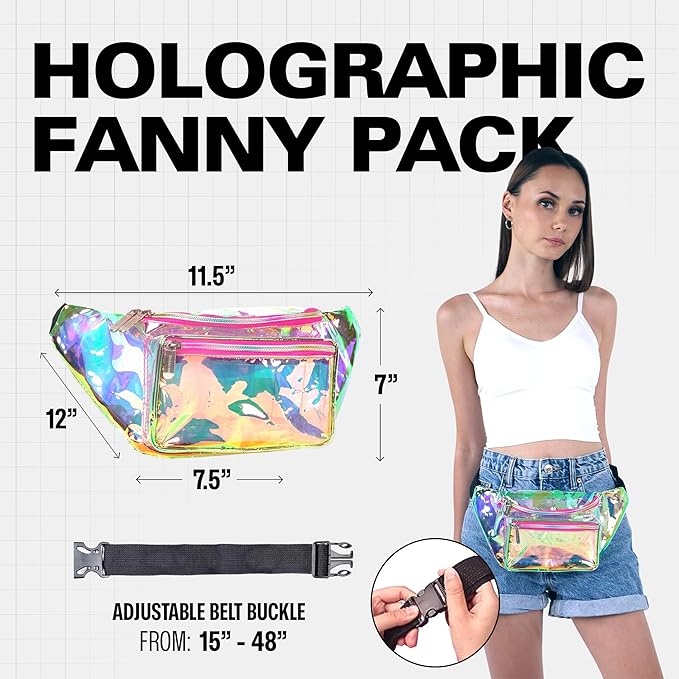 Holographic Clear Fanny Pack Belt Bag | Waterproof fanny pack for Women - Crossbody Bum Waist For Halloween costumes, Hiking, Running, Travel and Stadium Approved (Pink)