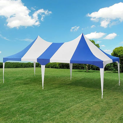 EROMMY 13x26ft Party Tent, Heavy Duty Double Peaked Canopy with Pole-Less Event Space, 60 Person Capacity Wedding Tent for Party & Event, White & Blue