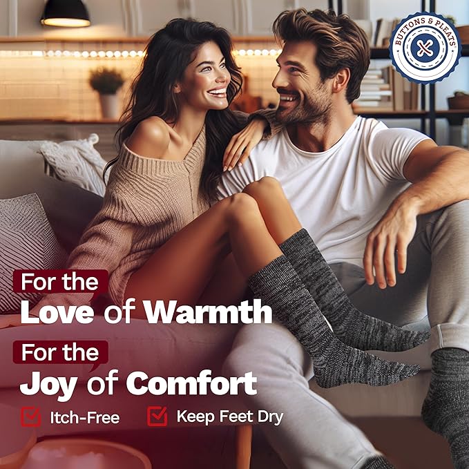 Buttons & Pleats Wool Socks for Men & Women Merino Thermal Warm Cozy Winter Boot Sock
