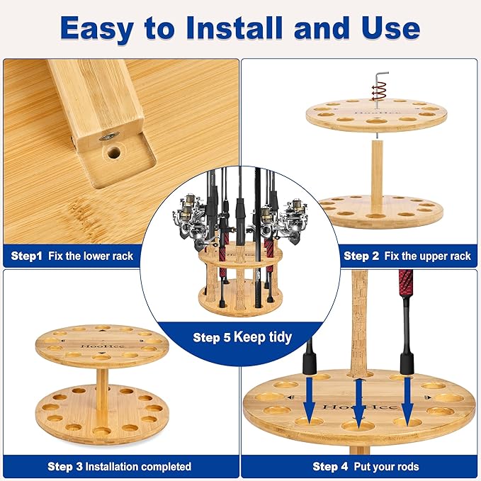 Fishing Rod Holders for Garage 360 Degree Rotating Fishing Pole Rack, Floor Stand Holds up to 12 Rods Bamboo Wood Fishing Gear Equipment Storage Organizer, Fishing Gifts for Men