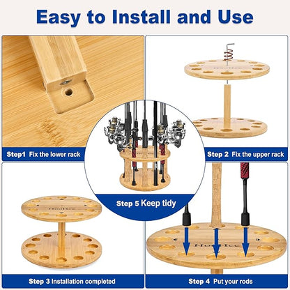 Fishing Rod Holders for Garage 360 Degree Rotating Fishing Pole Rack, Floor Stand Holds up to 12 Rods Bamboo Wood Fishing Gear Equipment Storage Organizer, Fishing Gifts for Men