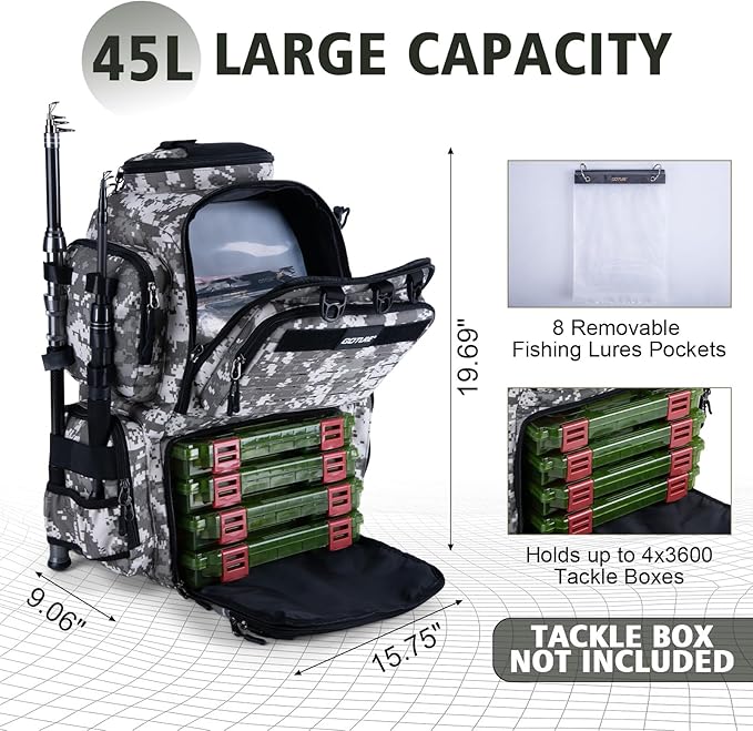 Goture Fishing Backpack, 900D Water-Resistant Tackle Backpack with Rod Holders, 45L Large Fishing Bag Storage Gear Tackle Bag with 8 Lure Pockets, Rain Cover for Camping Hiking(Without Tackle Box)