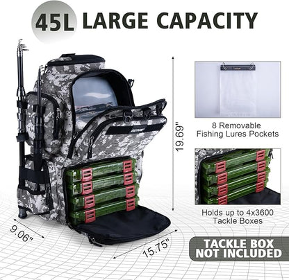 Goture Fishing Backpack, 900D Water-Resistant Tackle Backpack with Rod Holders, 45L Large Fishing Bag Storage Gear Tackle Bag with 8 Lure Pockets, Rain Cover for Camping Hiking(Without Tackle Box)