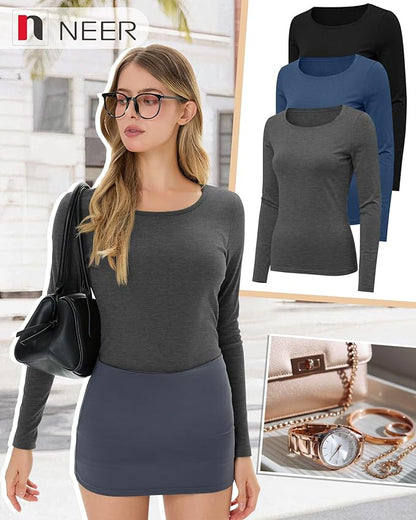 Neer 3 Pack Women's Thermal Shirts Long Sleeve Crew Neck Fleece Lined Undershirts Slim Fit Basic Tops Winter Base Layer