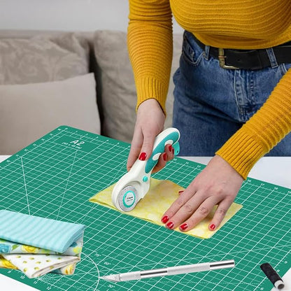Rotary Cutter Set Green - Quilting Kit incl. 45mm Fabric Cutter, 5 Replacement Blades, A2 Cutting Mat, Acrylic Quilting Ruler, Sewing Clips, Craft Knife Set, Ideal for Crafting, Sewing, Patchworking