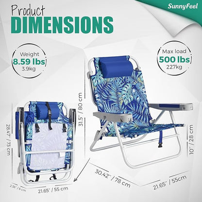 SUNNYFEEL Extra Wide Low Beach Chair 2 Pack 5 Position Lay, XL Oversized Portable Folding Camping Chairs with Cup Holder for Outdoor/Sand, Foldable Backpack Beach Chair for Adults Heavy Duty 500 LBS