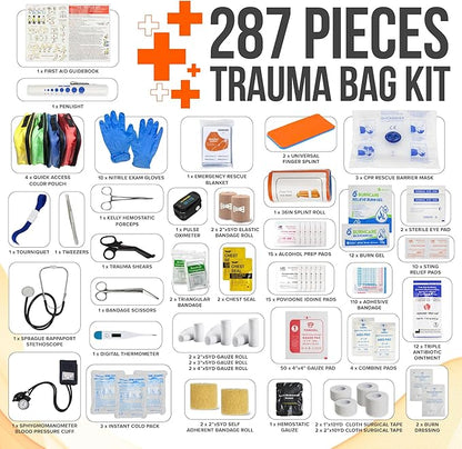 JJ CARE Trauma Bag (287 pcs), Fully Stocked EMT Medical Bag for Professionals, First Aid Emergency Medical Kit, First Responder Kit Essentials with Organizer Pouch