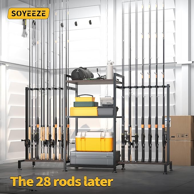 SOYEEZE Fishing Rod Holder for 28 Rods, Ground Stand Fishing Pole Holders for Garage, 3-Sided Vertical Fish Rod Rack for Tackle Box, Fishing Supplies,a Display Fish Gear Storage Gift for Man