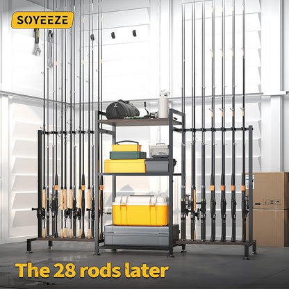 SOYEEZE Fishing Rod Holder for 28 Rods, Ground Stand Fishing Pole Holders for Garage, 3-Sided Vertical Fish Rod Rack for Tackle Box, Fishing Supplies,a Display Fish Gear Storage Gift for Man