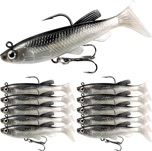 Soft Fishing Lures Shad Minnow Swimbaits, Pre-Rigged Jig Heads Paddle Tail Swim Baits for Bass, Trout, Walleye, Crappie, Sinking Jigs Bait for Saltwater Freshwater, Fishing Gifts for Men