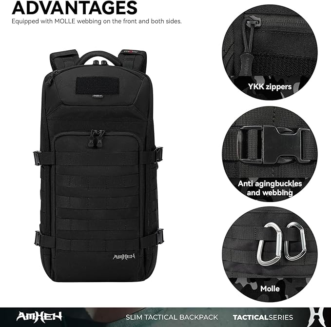 Tactical Backpack Military Slim Army Bag Molle Daypack 20L Outdoors Hiking Camping Travel EDC Pack with Multiple Pockets Waterproof for Men (Black)