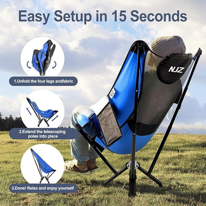 High Back Camping Chairs for Adults - 600 LBS Capacity Stable Outdoor Folding Chair with Comfortable Backrest & Headrest, Quick Setup - Portable Chair for Road Trip, Sports, Car Camping - Blue