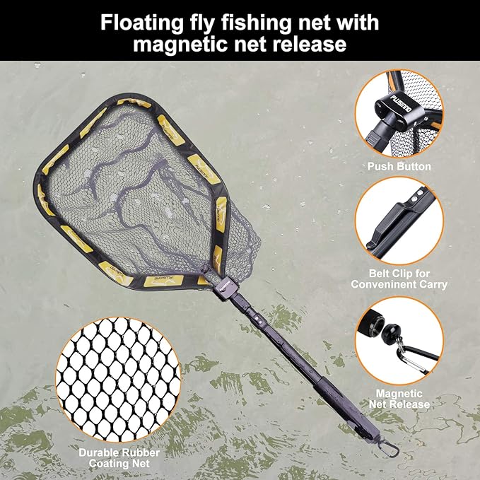 PLUSINNO Floating Fishing Net for Steelhead, Salmon, Fly, Kayak, Catfish, Bass, Trout Fishing, Rubber Coated Landing Net for Easy Catch & Release, Compact & Foldable for Easy Transportation & Storage