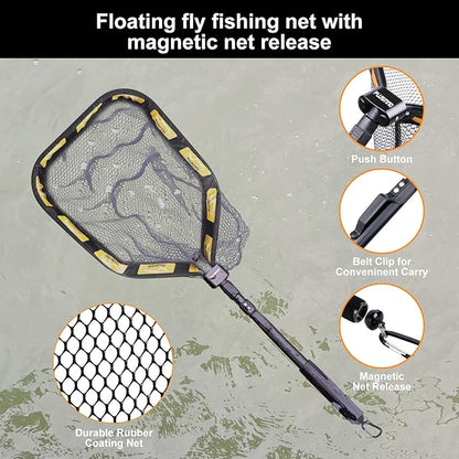 PLUSINNO Floating Fishing Net for Steelhead, Salmon, Fly, Kayak, Catfish, Bass, Trout Fishing, Rubber Coated Landing Net for Easy Catch & Release, Compact & Foldable for Easy Transportation & Storage