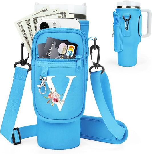 Initial Water Bottle Holder with Strap for Stanley 40 oz Tumbler/Simple Modern 40 oz Tumbler,Water Bottle Carrier Bag with Strap,Personalized A-Z Phone Pocket for Stanley Cup Accessories