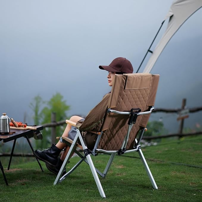 Reclining Camping Chair, Heavy Duty Folding Chairs with 4-Stage Adjustable High Back for Adults, Compact Foldable Outdoor Patio Reclining Chair with Storage Bag (Khaki, 2 Pack)