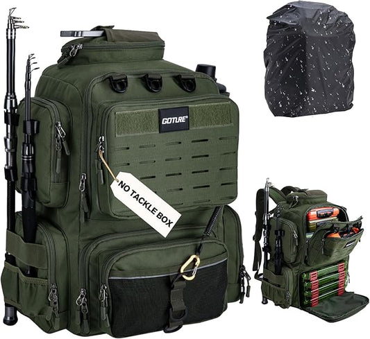 Goture Fishing Backpack,900D Water-Resistant Tackle Backpack with Rod Holders,45L Large Fishing Bag Storage Gear Tackle Bag with Rain Cover,Bottle Holder for Travel Camping Hiking(Without Tackle Box)