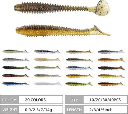 RUNCL Swimbaits Paddle 10/20/30/40PCS, 5/4/3/2 Inchs Paddle Tail, Soft Lure for Trout Crappie Bass, Durable Plastic Bait Swimmer for Saltwater/Freshwater, Fishing Lover's Gift