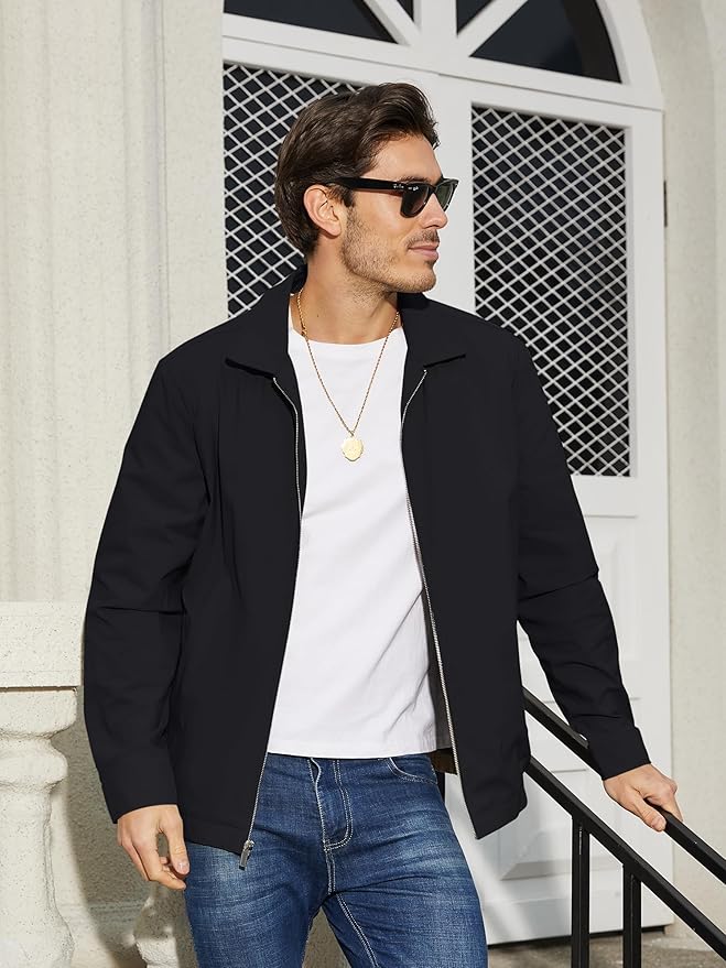 TACVASEN Mens Lightweight Windbreaker Full Zip Up Laydown Collar Jackets Light Casual Coat with Zip Pockets