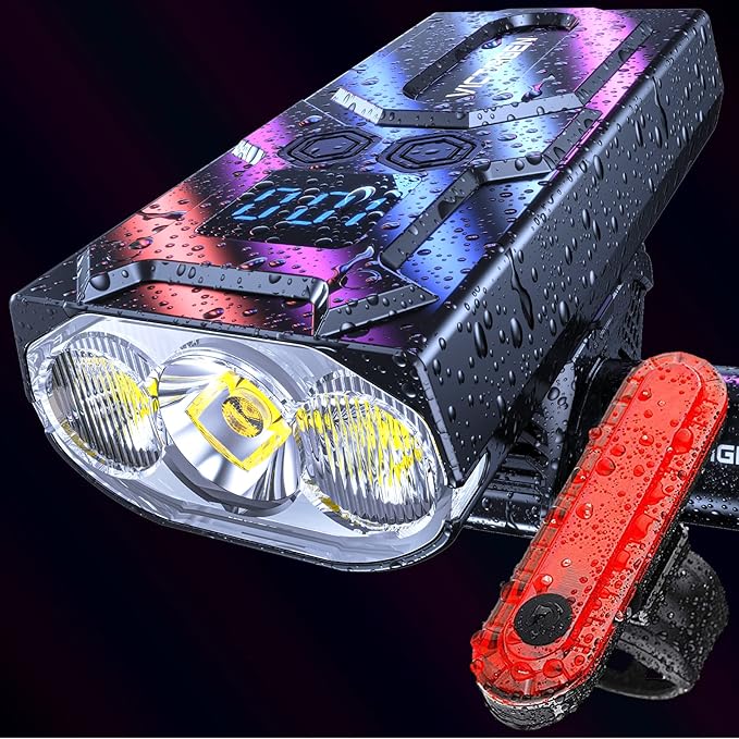 Victagen Super Bright Bike Lights 8000Lm for Night Riding, Super Bright 3 LED Lights for Bike/Bicycle Headlight with High Beam & Low Beam TypeC Rechargeable, Free Taillights