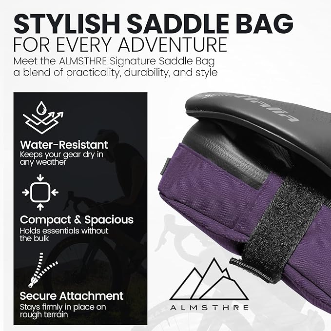 ALMSTHRE Signature Bike Saddle Bag – Violet | 0.5L Bike Seat Bag (3" x 5.25" x 2") | Water-Resistant Ripstop, Waterproof Zipper, Internal Pocket | Durable Under Seat Storage