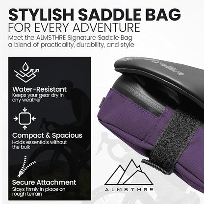 ALMSTHRE Signature Bike Saddle Bag – Violet | 0.5L Bike Seat Bag (3" x 5.25" x 2") | Water-Resistant Ripstop, Waterproof Zipper, Internal Pocket | Durable Under Seat Storage