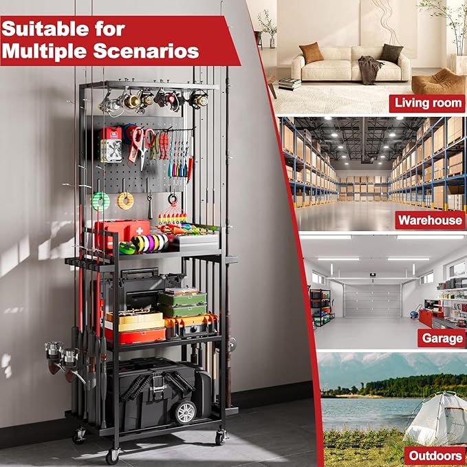 Fishing Rod Holders for Garage, Fishing Rod Storage Rack with Hooks & Wheels, Fishing Pole Holder Organizer, Tackle Box & Reel Storage Black