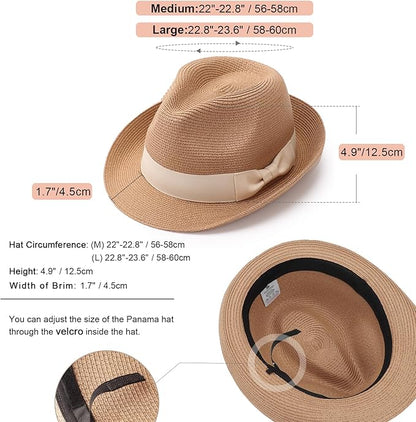 DRESHOW Women Straw Sun Hat Short Brim Panama Travel Fedora Beach Cap Roll up Summer Hat for Women Men UPF 50+