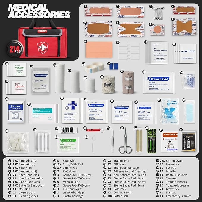 First Aid Kits - Emergency Medical Kit with 218 Pcs Medical Supplies, Sports First Aid Kits, Waterproof Trauma Kit for Car, Home, Businesses, Camping, Hiking, Adventure