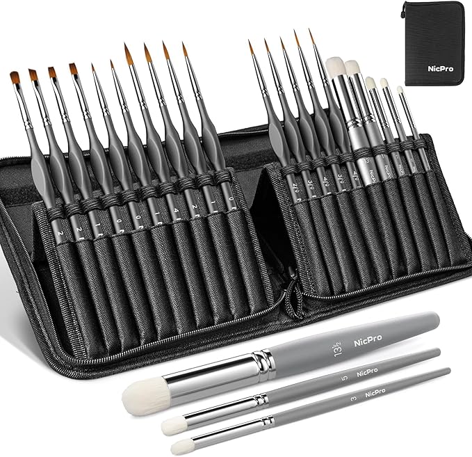 Nicpro Miniature Paint Brushes Dry Brush - 20PCS Model Paint Brush Set with Nylon Case for Acrylic, Oil, Watercolor, Detail Paint Brush Drybrush for Model, Miniature Painting, Paint by Numbers, Craft