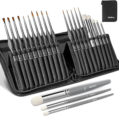 Nicpro Miniature Paint Brushes Dry Brush - 20PCS Model Paint Brush Set with Nylon Case for Acrylic, Oil, Watercolor, Detail Paint Brush Drybrush for Model, Miniature Painting, Paint by Numbers, Craft