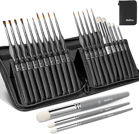 Nicpro Miniature Paint Brushes Dry Brush - 20PCS Model Paint Brush Set with Nylon Case for Acrylic, Oil, Watercolor, Detail Paint Brush Drybrush for Model, Miniature Painting, Paint by Numbers, Craft
