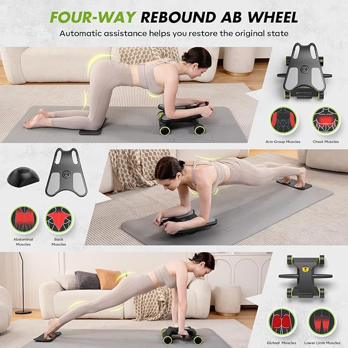 Ab Roller with Elbow Support, Ab Roller Board Core Workout Machine with 4 Wheels, Mini Pilates Reformer Equipment for Home Gym, Abdominal Full-Body Strength Exercise Trainer with Knee Pad