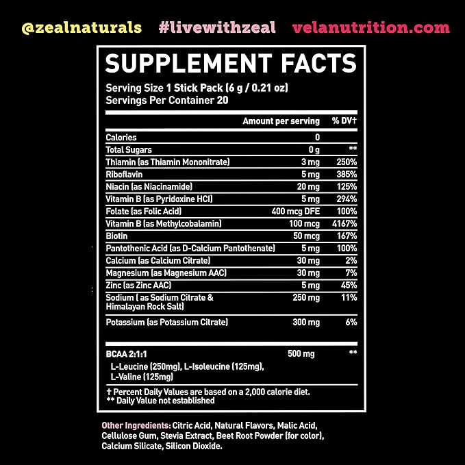 Zeal Naturals Enhanced Electrolyte Powder Stick Packs (Pink Lemonade - 20 Packets) Sugar Free + BCAA B-Vitamins & Pink Himalayan Salt - Keto Electrolytes, Hydration Powder