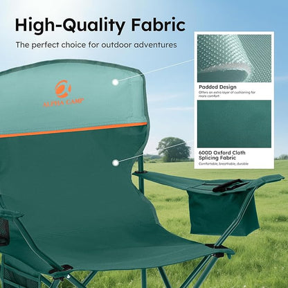 ALPHA CAMP Camping Chair 2 Pack Portable Chair with 3-Can Cooler Folding Chair with Side Pocket and Cup Holder, Collapsible for Camping, Tailgates, Beach, Fishing and Sports,2PC