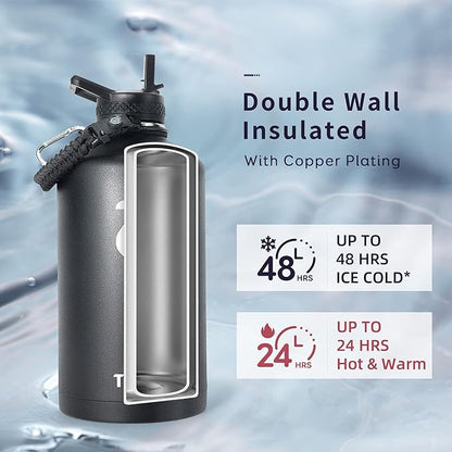 Trebo One Gallon Water Bottle Insulated with Paracord Handle,128oz Large Vacuum Double Wall Stainless Steel Insulated Jug with Straw Spout Handle Lids, Leakproof Keep Cold & Hot,Black