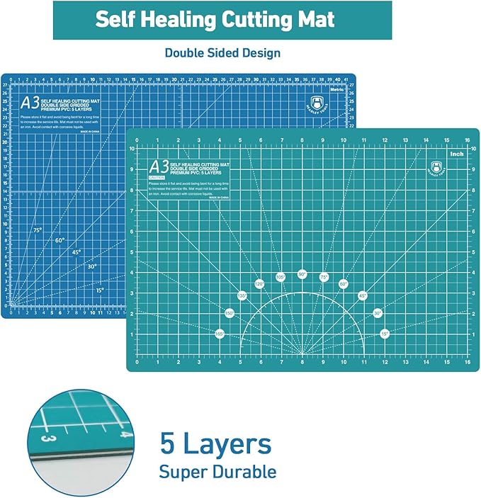 Headley Tools Rotary Cutter Set - 45mm Fabric Cutter, 5 Extra Rotary Blades, A3 Cutting Mat, Quilting Ruler and Sewing Clips, Craft Knife Set, Ideal for Crafting, Sewing, Patchworking,Turquoise