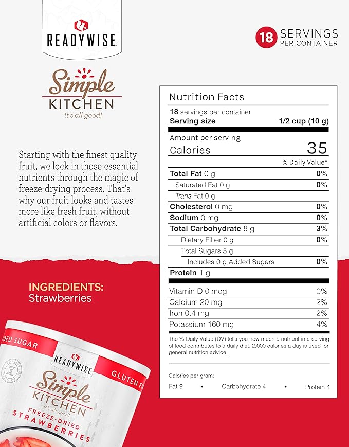 READYWISE - Simple Kitchen Freeze Dried Strawberries, 18 Servings, Vegan, Gluten Free, Healthy Snack, Survival Food, Dried Fruit, Strawberries
