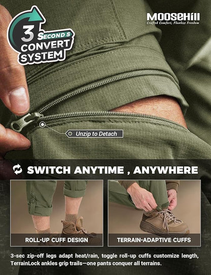 Moosehill Men's-Hiking-Pants Convertible Quick-Dry Water-Resistant Lightweight Zip-Off Outdoor with 5 Deep Pockets