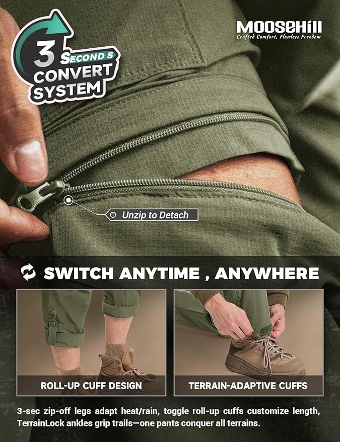 Moosehill Men's-Hiking-Pants Convertible Quick-Dry Water-Resistant Lightweight Zip-Off Outdoor with 5 Deep Pockets